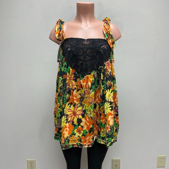 Free People Tops - Free People‎ Womens Yellow Bali Moroccan Flowers Lace Front Bow Tie Tunic Top S